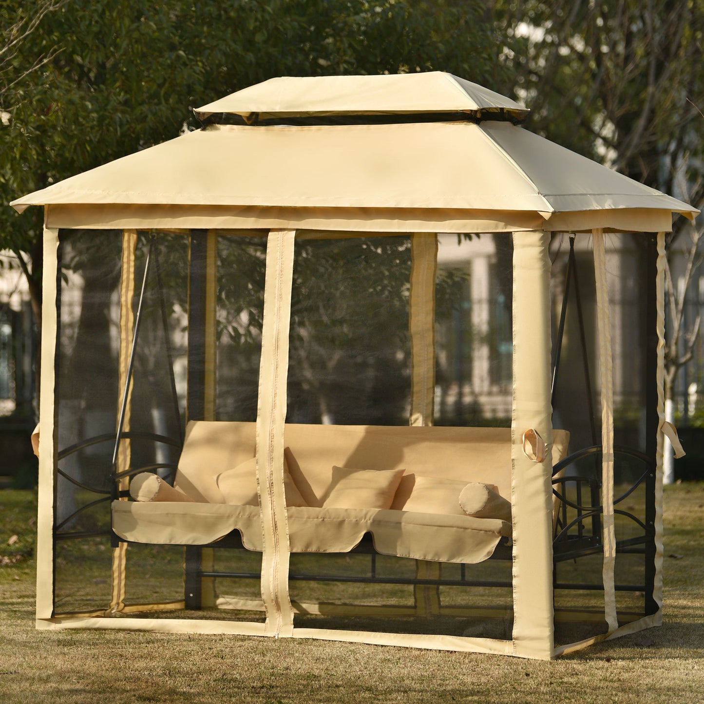 [VIDEO provided] U_STYLE 8.9 Ft. W x 5.9 Ft. D Outdoor Gazebo with Convertible Swing Bench, Double Roof Soft Canopy Garden Backyard Gazebo with Mosquito Netting Suitable for Lawn, Garden, Backyard
