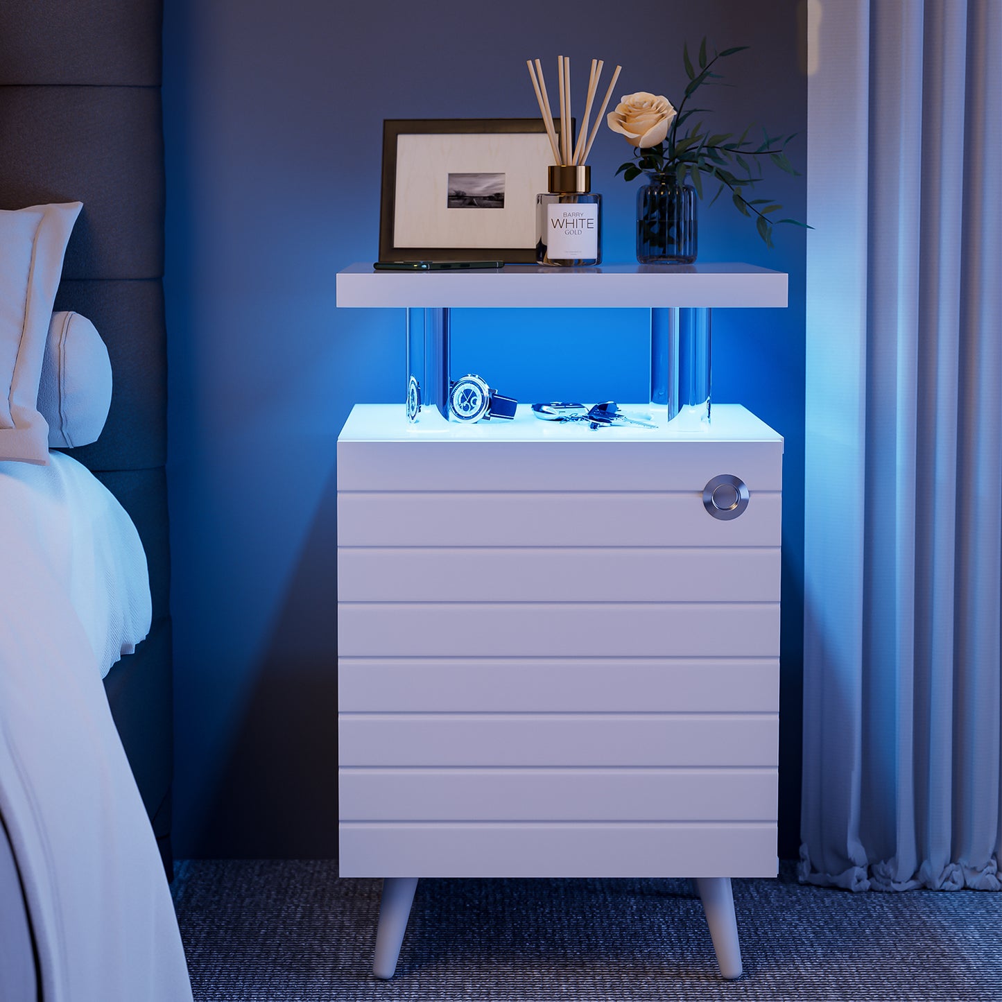 LED Nightstand LED Bedside Table End Tables Living Room with 4 Acrylic Columns, Bedside Table with Drawers for Bedroom White