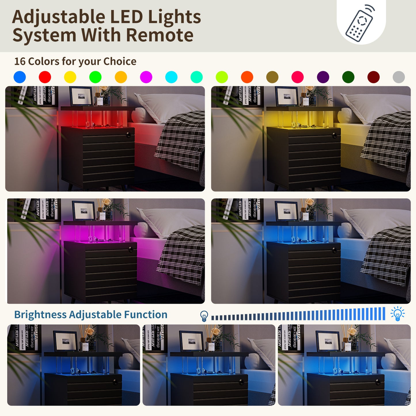 LED Nightstand LED Bedside Table End Tables Living Room with 4 Acrylic Columns, Bedside Table with Drawers for Bedroom Black