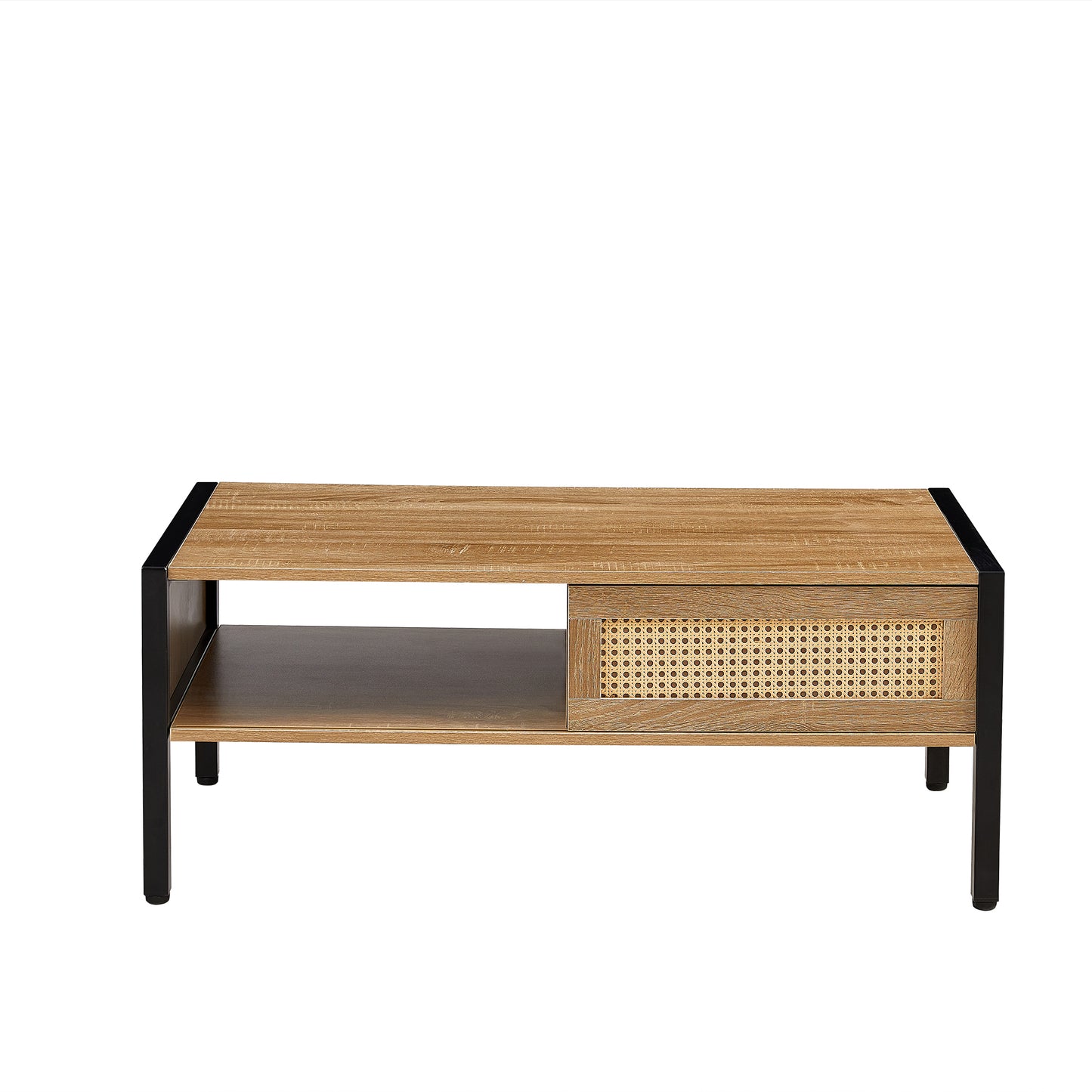 40.16" Rattan Coffee table, sliding door for storage, metal legs, Modern table  for living room , natural