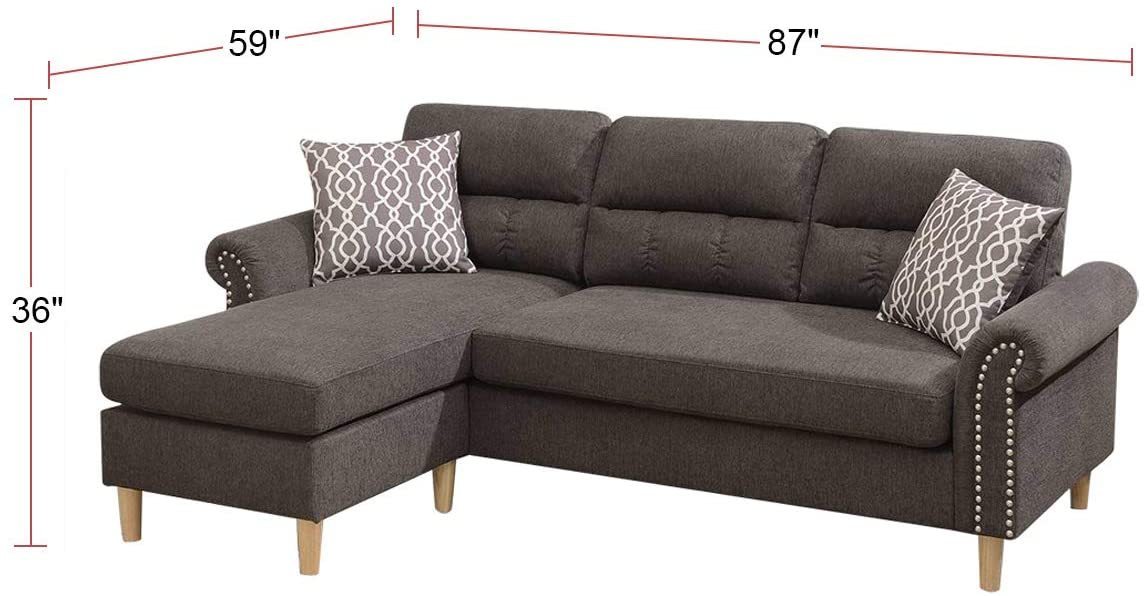 Tan Color Polyfiber Reversible Sectional Sofa Set Chaise Pillows Plush Cushion Couch Nailheads