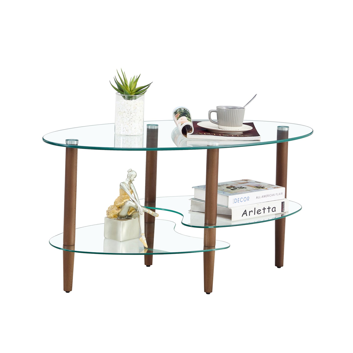 Transparent Oval glass coffee table, modern table in living room Oak wood leg tea table 3-layer  glass table