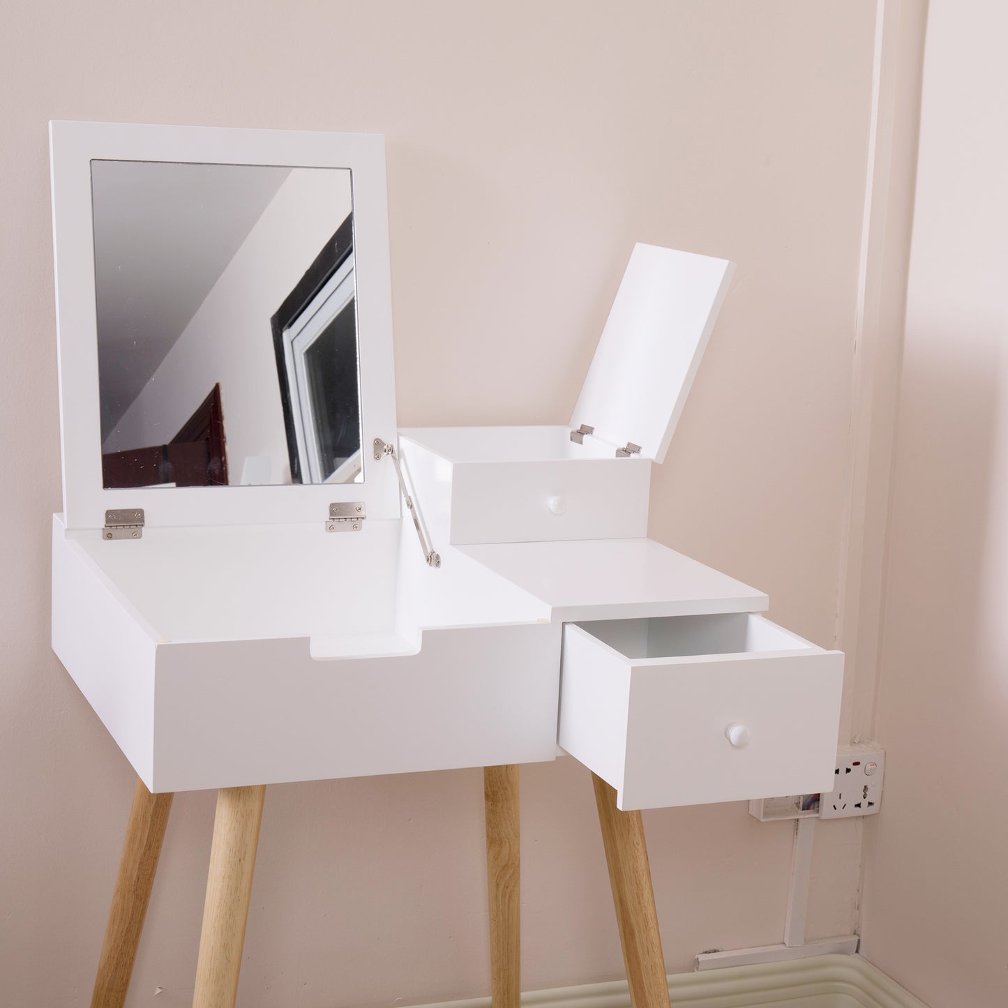 Wooden Vanity Desk Flip-top Dressing Mirror Writing table Computer Desk,White