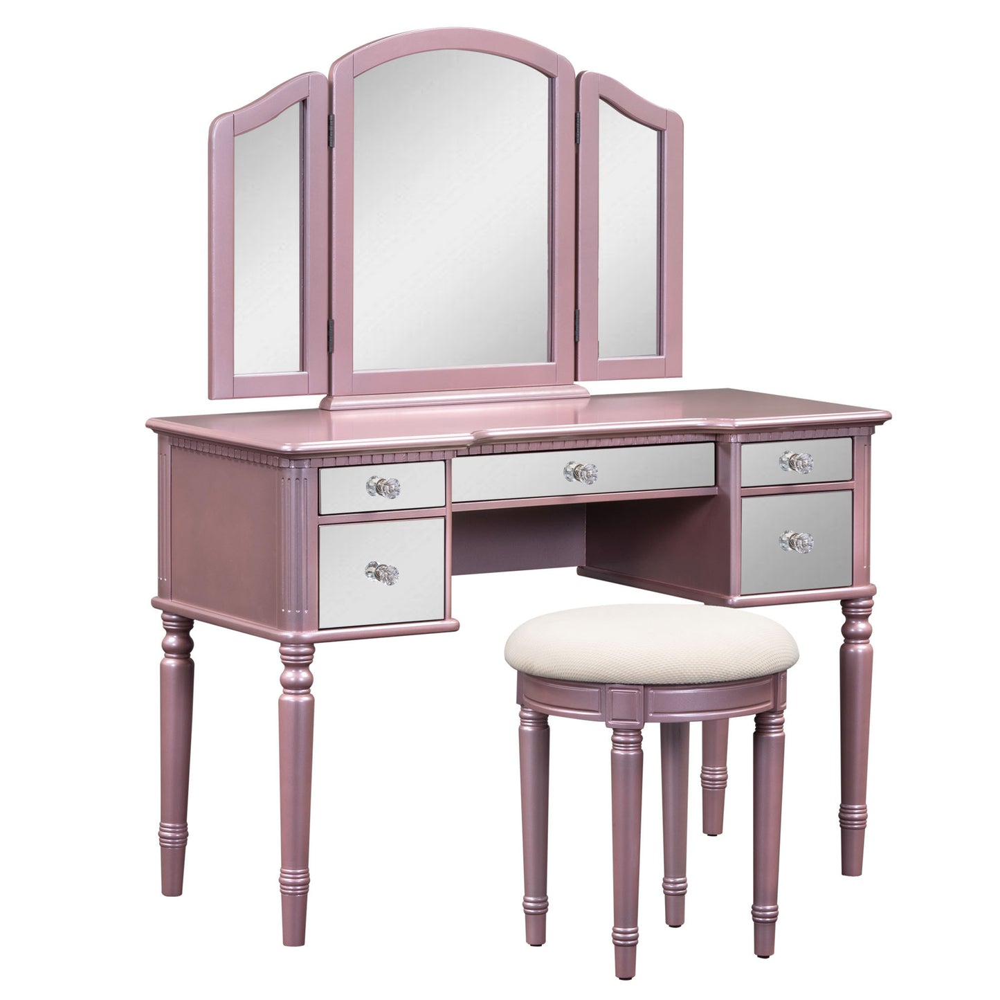GO 43" Dressing Table Set with Mirrored Drawers and Stool, Tri-fold Mirror, Makeup Vanity Set for Bedroom, Rose Gold