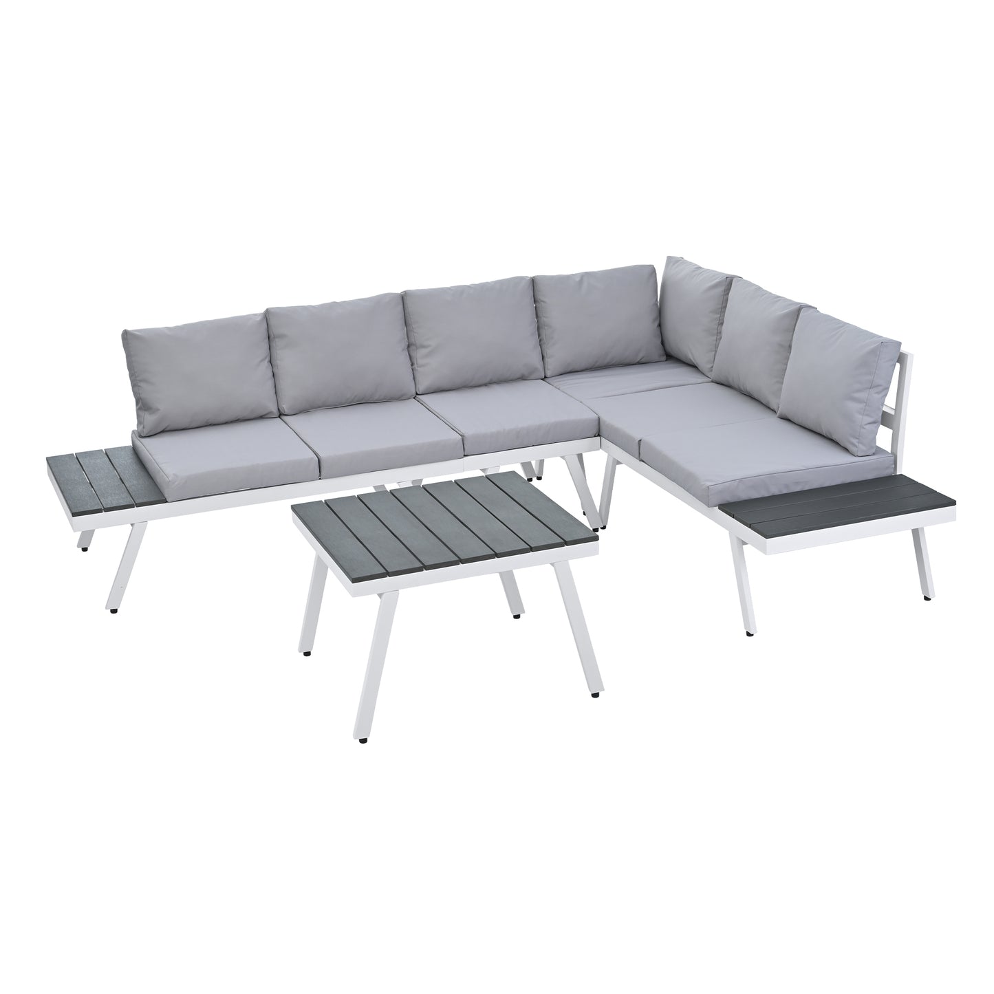 TOPMAX Industrial 5-Piece Aluminum Outdoor Patio Furniture Set, Modern Garden Sectional Sofa Set with End Tables, Coffee Table and Furniture Clips for Backyard, White+Grey