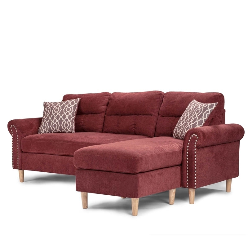 Paparika Red Color Polyfiber Reversible Sectional Sofa Set Chaise Pillows Plush Cushion Couch Nailheads