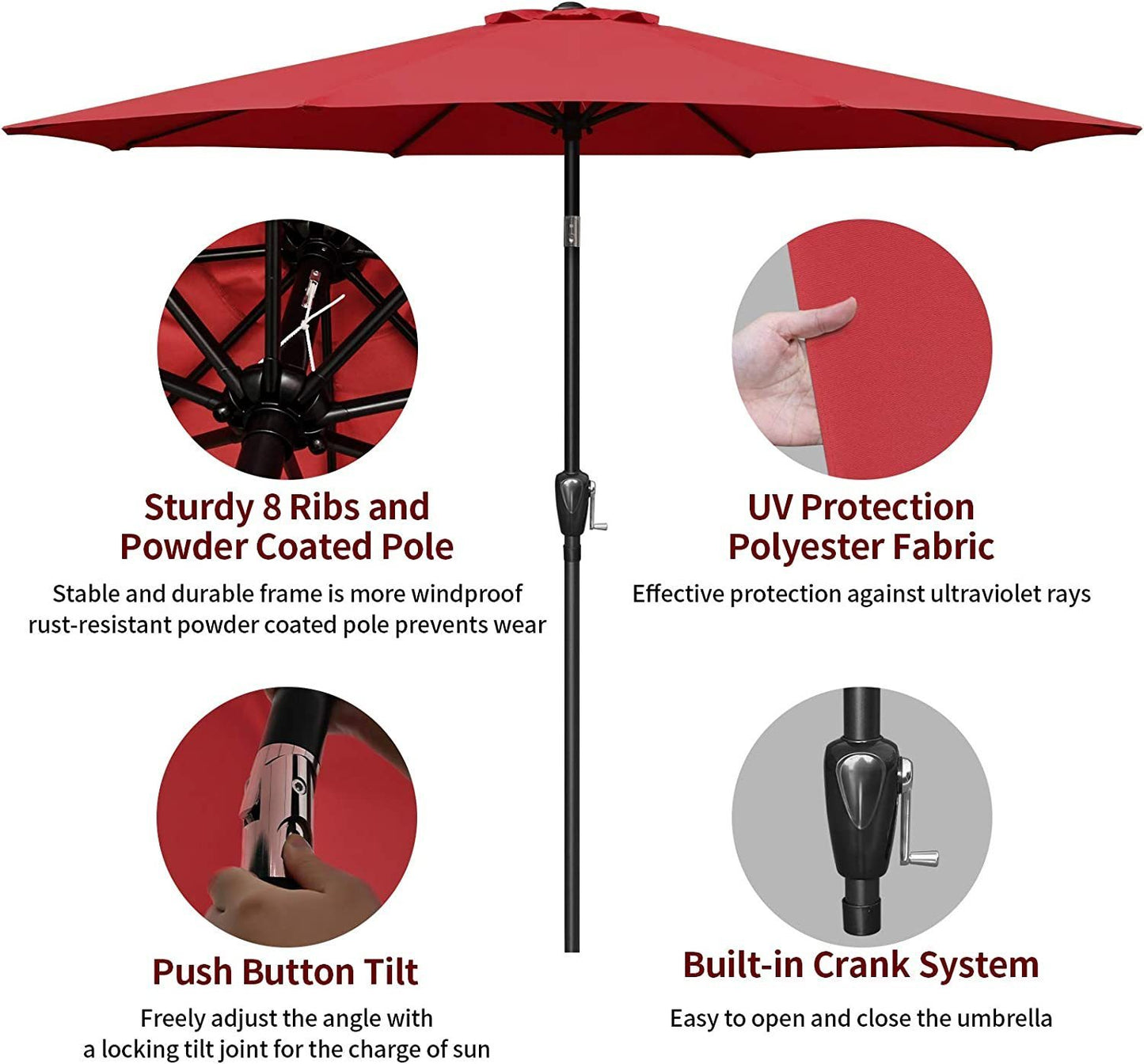 Simple Deluxe 9ft Outdoor Market Table Patio Umbrella with Button Tilt, Crank and 8 Sturdy Ribs for Garden, Red