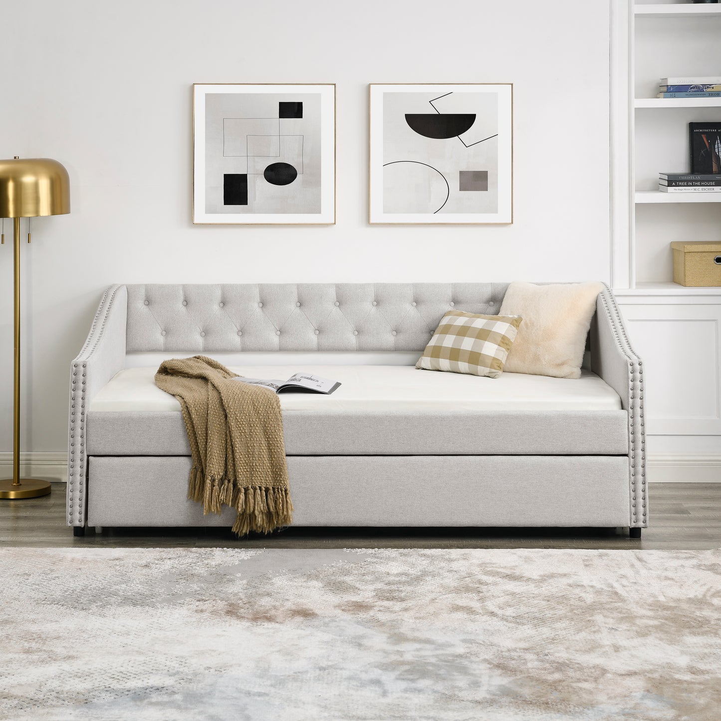 Twin Size Daybed with Twin Size Trundle Upholstered Tufted Sofa Bed, with Button on Back and Copper Nail on Waved Shape Arms, Beige (80.5"x41"x30.5")