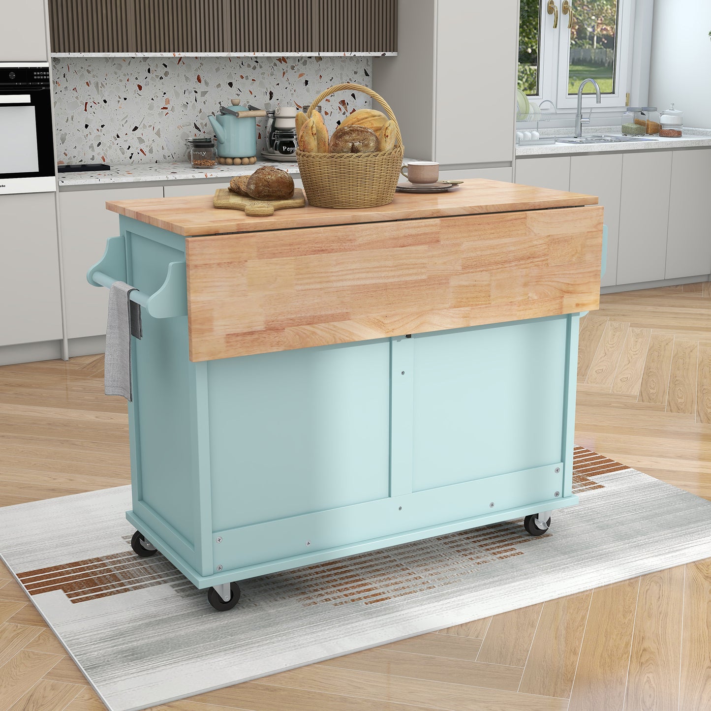 Kitchen Cart with Rubber wood Drop-Leaf Countertop, Concealed sliding barn door adjustable height,Kitchen Island on 4 Wheels with Storage Cabinet and 2 Drawers,L52.2xW30.5xH36.6 inch, Mint Green