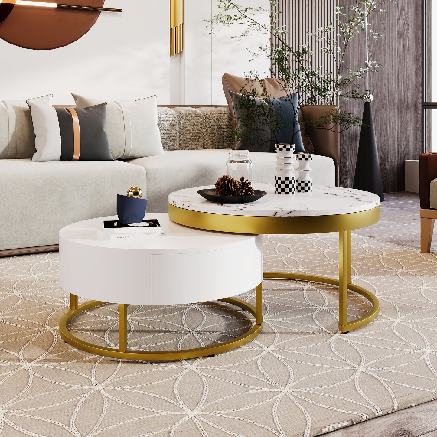 Modern Round  Nesting Coffee Table with Drawers in White
