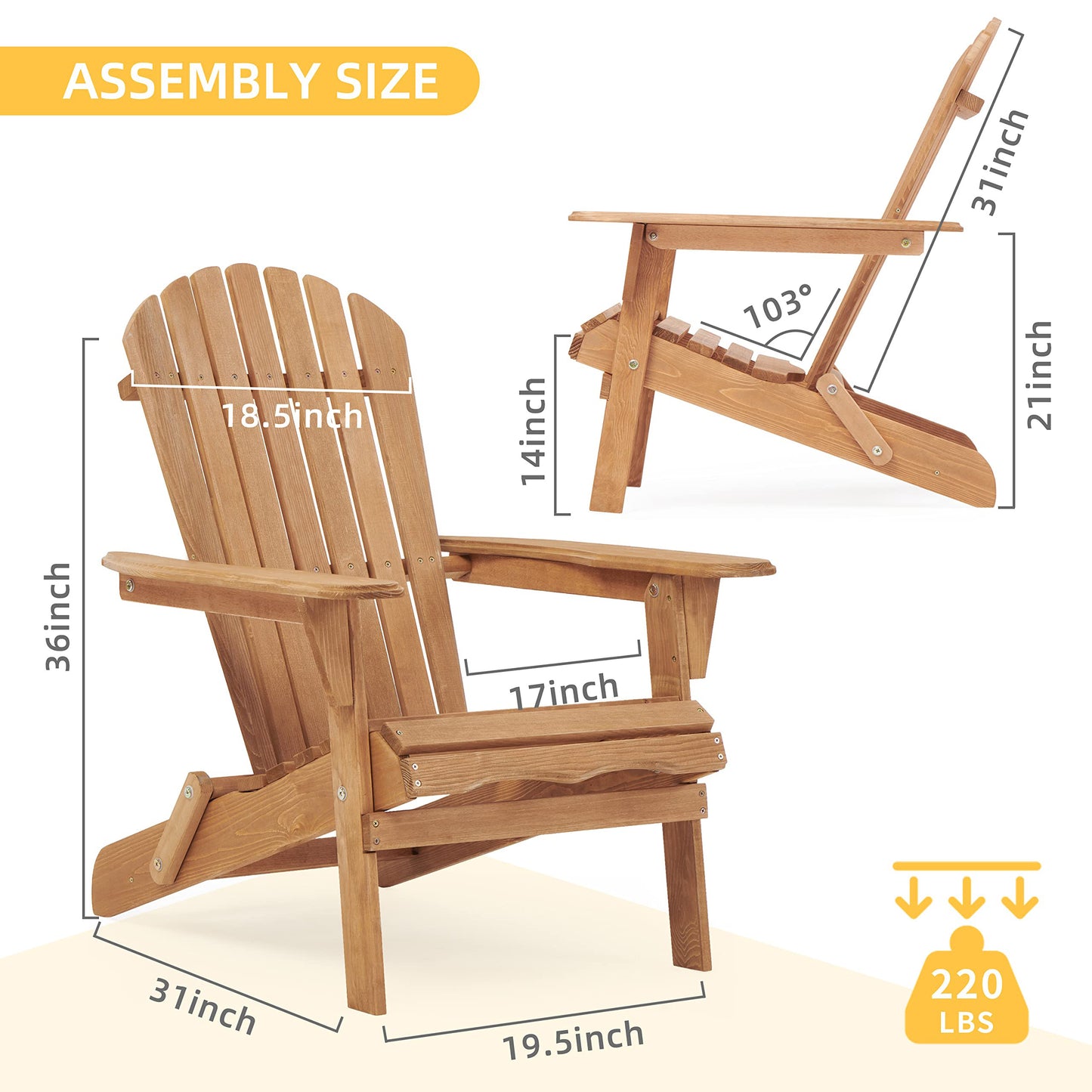 Wooden Outdoor Folding Adirondack Chair Set of 2 Wood Lounge Patio Chair for Garden,Garden, Lawn, Backyard, Deck, Pool Side, Fire Pit,Half Assembled,