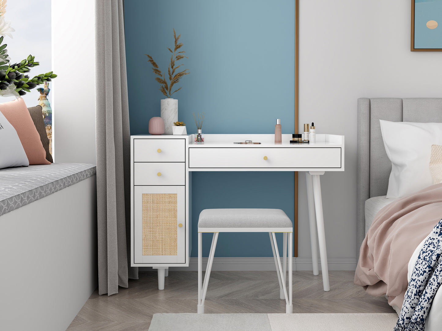 Makeup Vanity with Drawers, Mid-Century Dressing Table White Wood Desk with Rattan Door