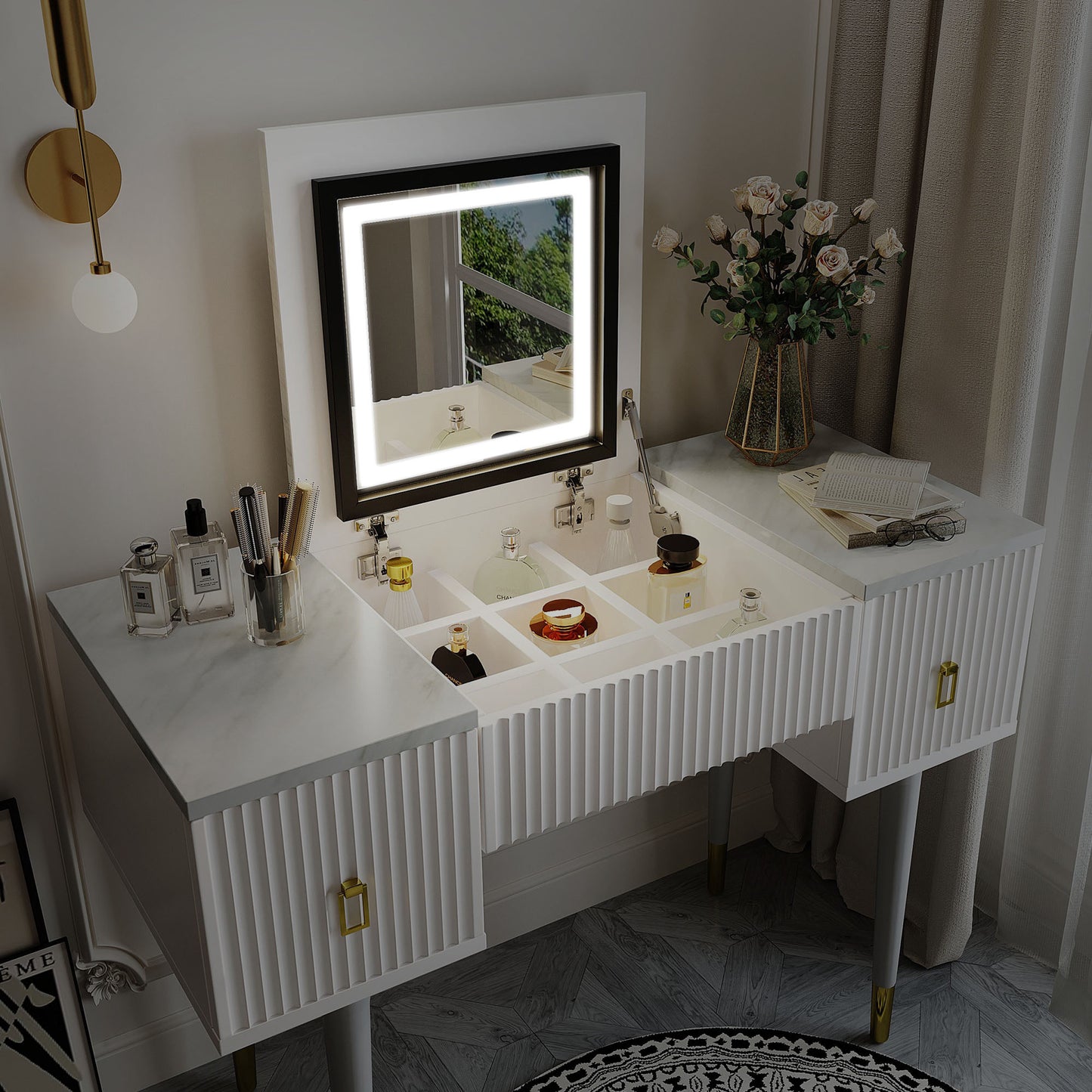 43.3" Modern Vanity Table Set with Flip-top Mirror and LED Light, Dressing Table with Customizable Storage, Marble-style Stickers Tabletop, White and Gray