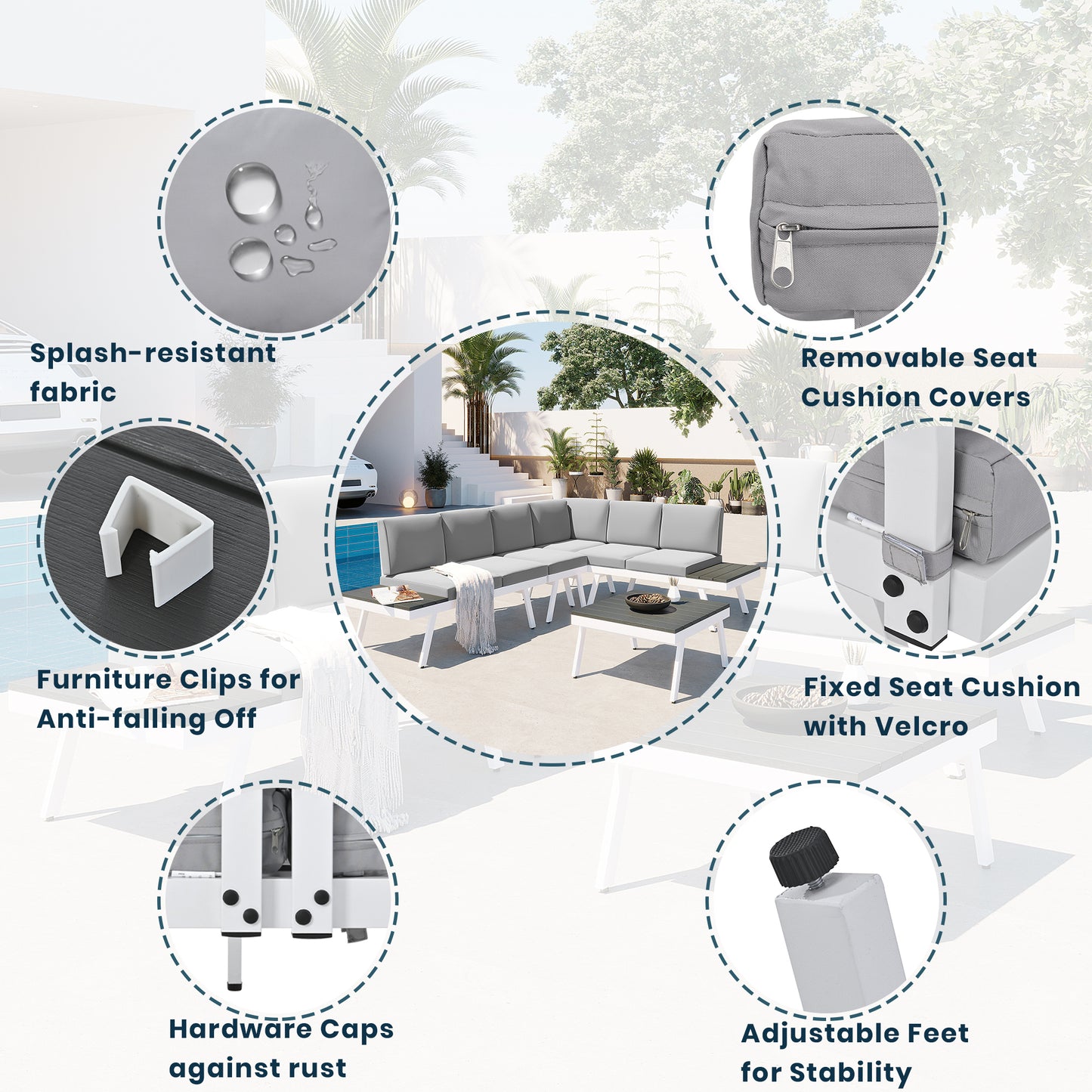 TOPMAX Industrial 5-Piece Aluminum Outdoor Patio Furniture Set, Modern Garden Sectional Sofa Set with End Tables, Coffee Table and Furniture Clips for Backyard, White+Grey