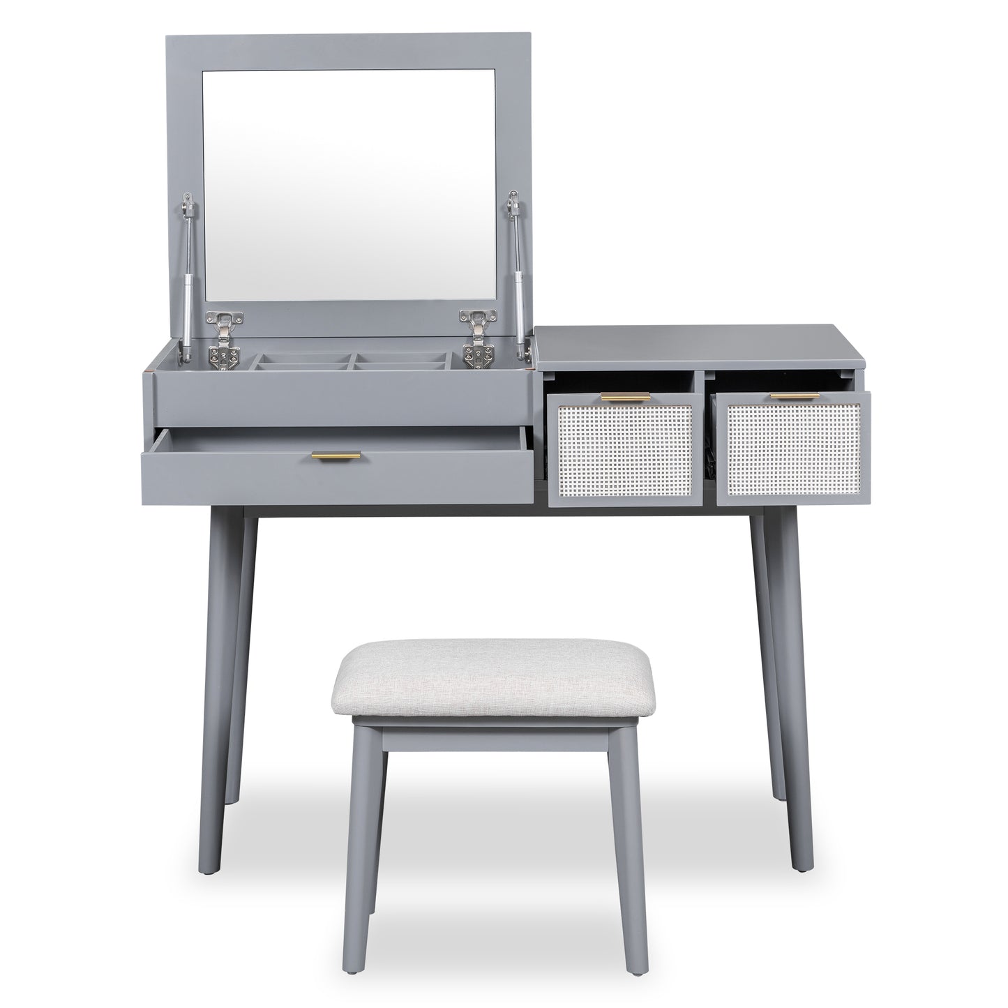43.3" Classic Wood Makeup Vanity Set with Flip-top Mirror and Stool, Dressing Table with Three Drawers and storage space, Gray