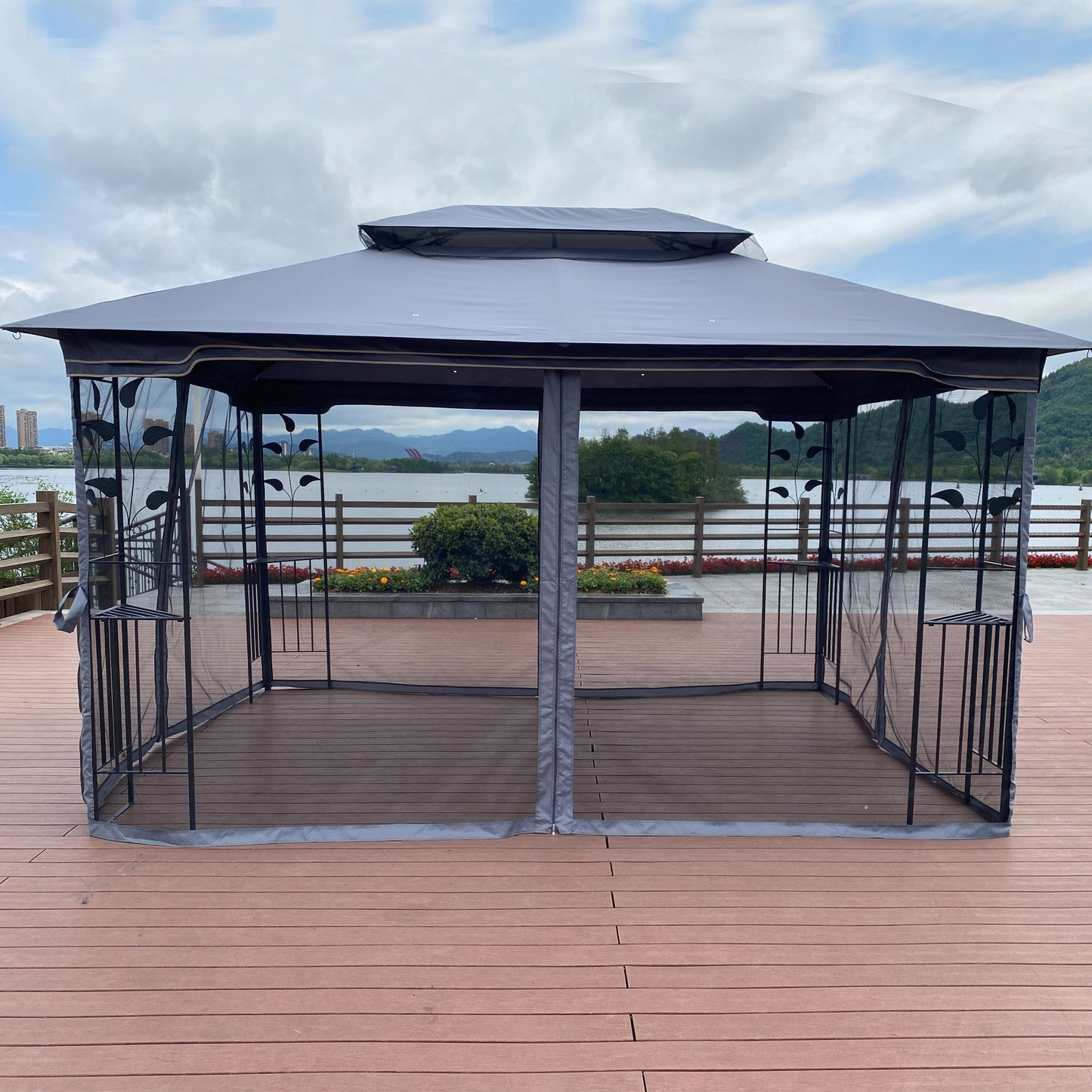 13x10 Outdoor Patio Gazebo Canopy Tent With Ventilated Double Roof And Mosquito net(Detachable Mesh Screen On All Sides),Suitable for Lawn, Garden, Backyard and Deck,Gray Top