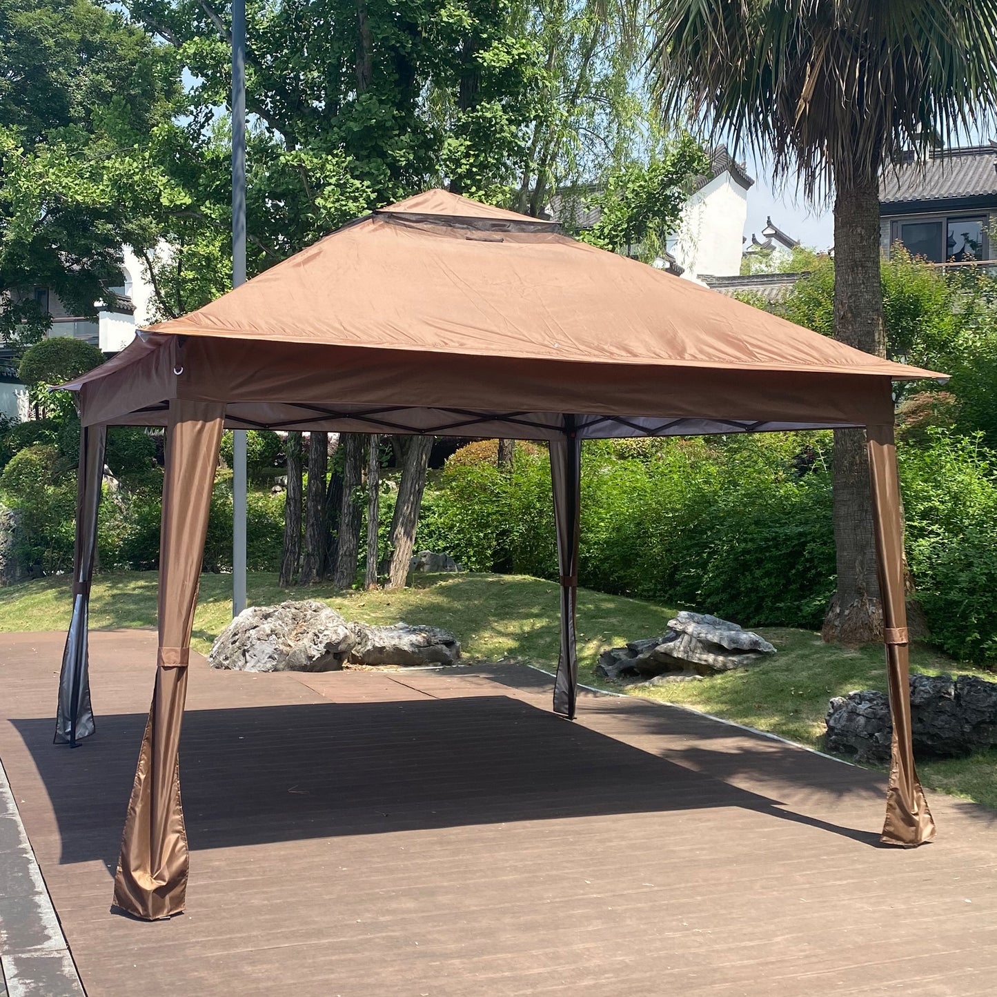 Outdoor 11x 11Ft Pop Up Gazebo Canopy With Removable Zipper Netting,2-Tier Soft Top Event Tent,Suitable For Patio Backyard Garden Camping Area with 4 Sandbags,Brown
