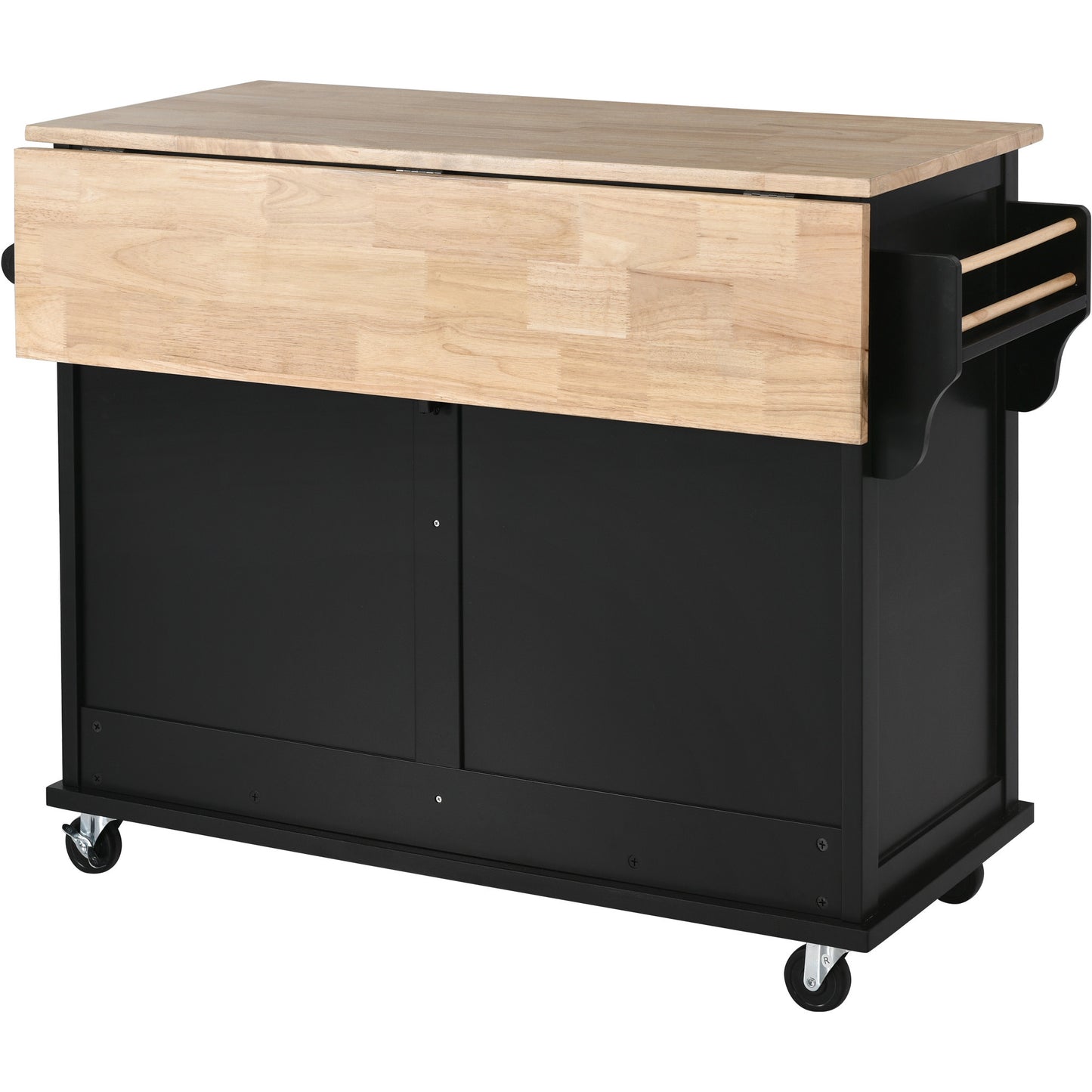Kitchen Cart with Rubber wood Drop-Leaf Countertop, Concealed sliding barn door adjustable height,Kitchen Island on 4 Wheels with Storage Cabinet and 2 Drawers,L52.2xW30.5xH36.6 inch, Black