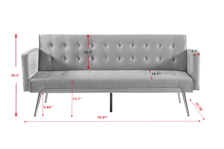 Morden Velvet Futon Sofa Bed for Living Room, Convertible 3 Adjustable Couch Loveseat with Metal Leg