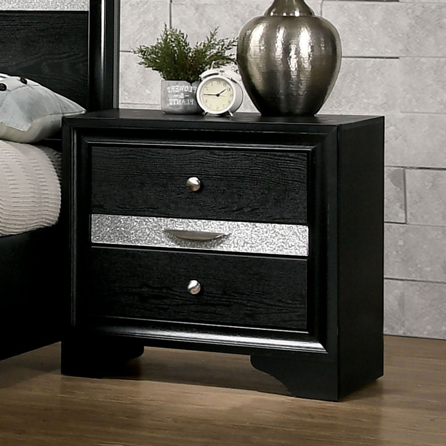 Contemporary 1pc Nightstand Black Finish Silver Accents Hidden Jewelry Drawer Nickel Round Knob Bedside Table Bedroom Furniture