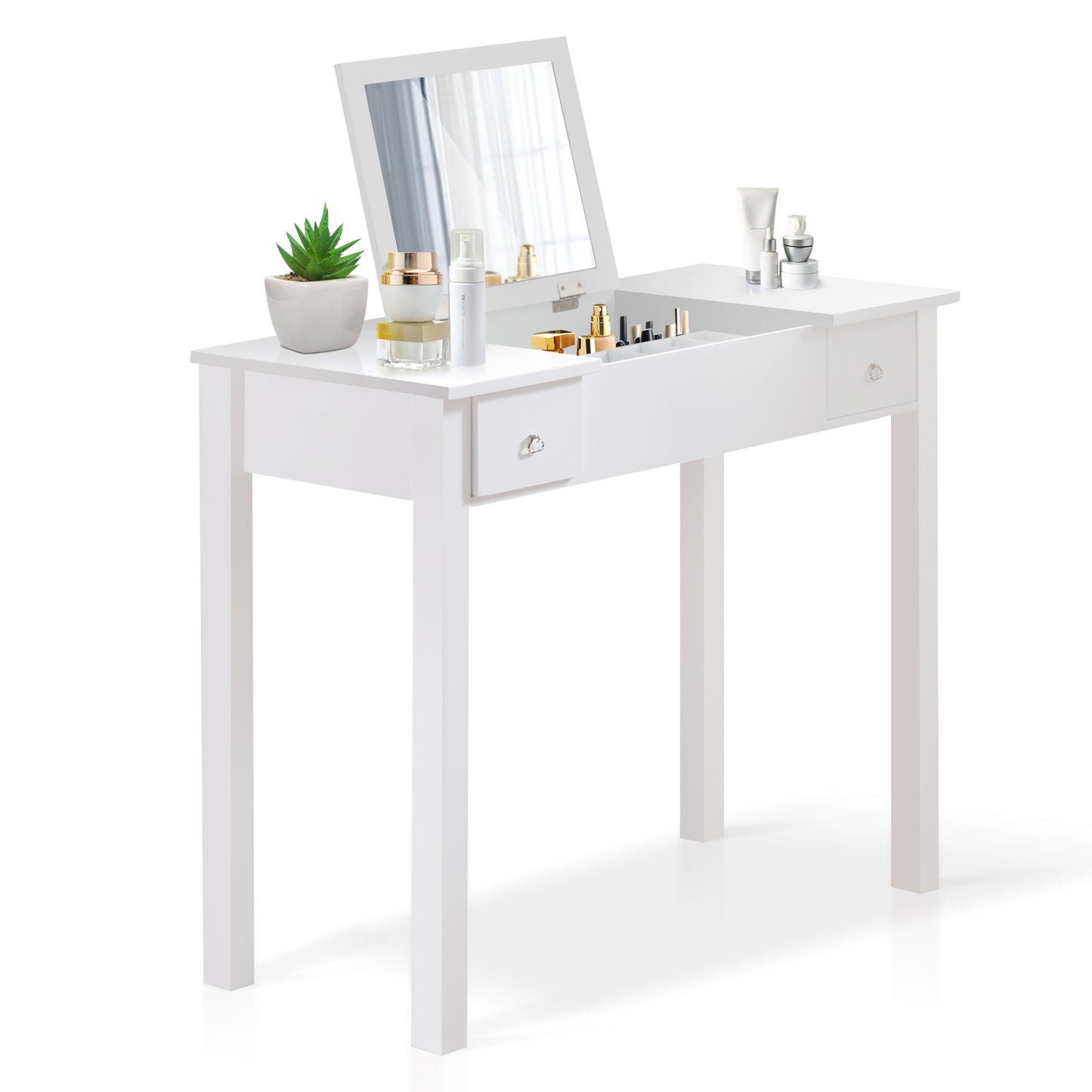 Accent White Vanity Table Set with Upholstered Stool and Flip-Top Mirror and 2 Drawers, Jewelry Storage for Women Dressing