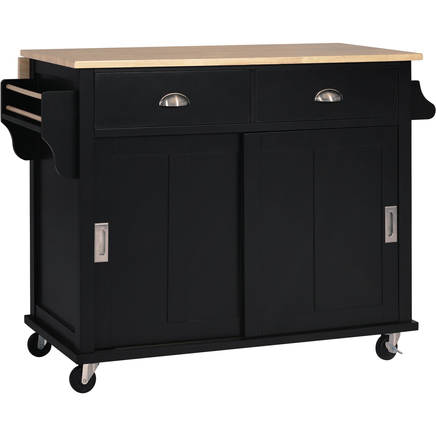 Kitchen Cart with Rubber wood Drop-Leaf Countertop, Concealed sliding barn door adjustable height,Kitchen Island on 4 Wheels with Storage Cabinet and 2 Drawers,L52.2xW30.5xH36.6 inch, Black