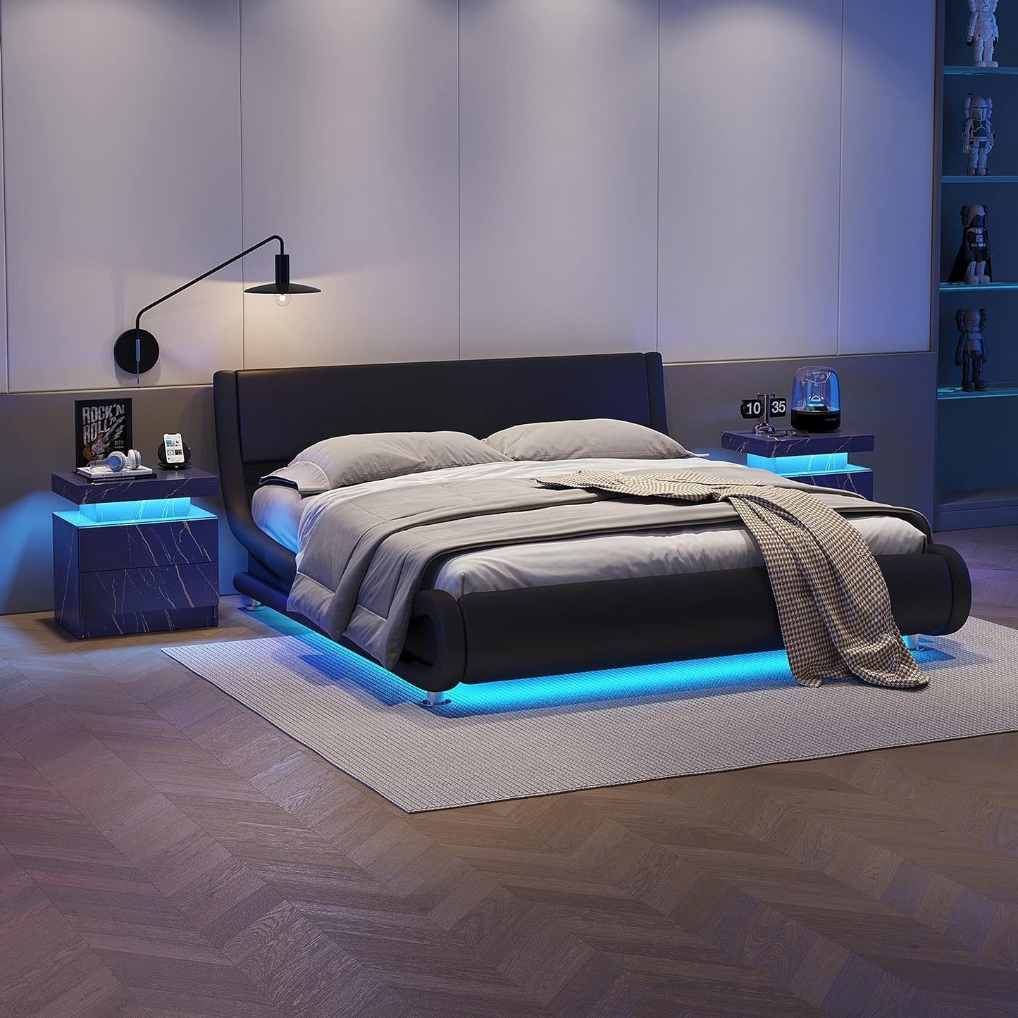 Nightstand LED Bedside Table Cabinet Lights Modern End Side with 2 Drawers for Bedroom (Blue Gold)