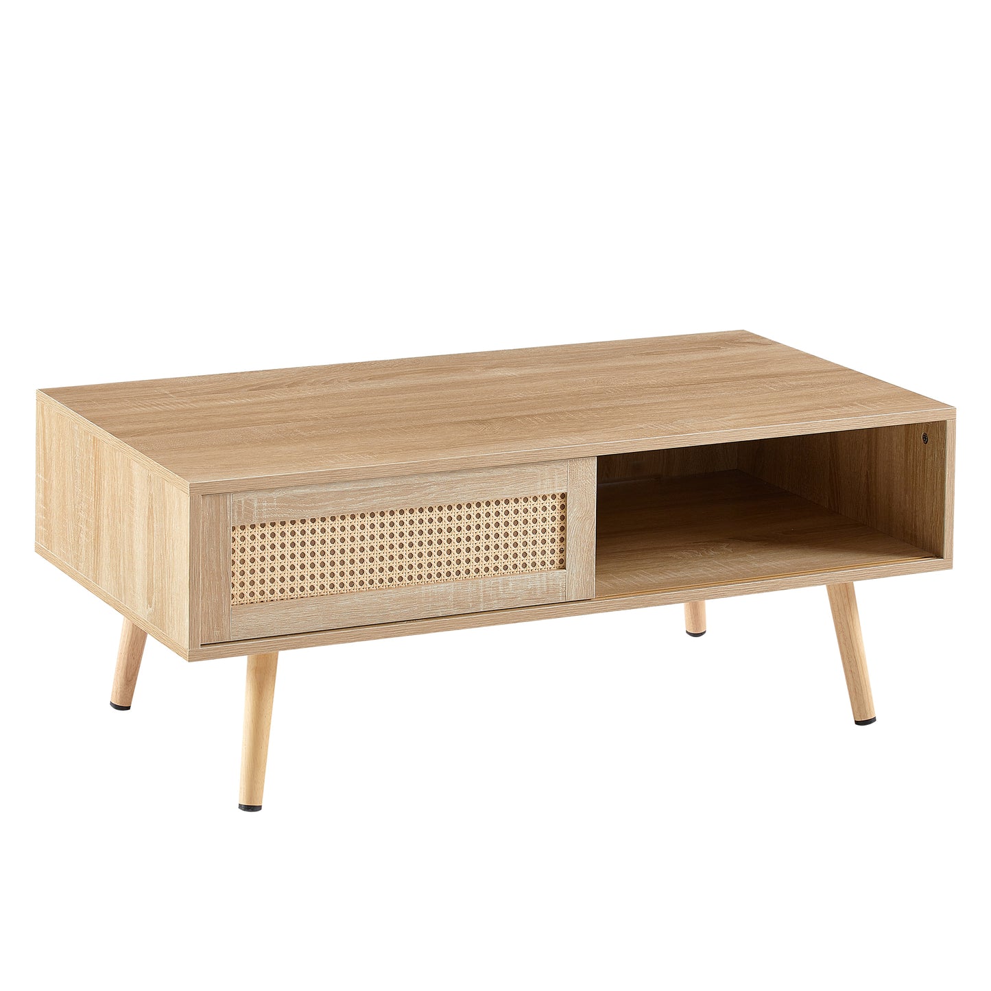 41.34" Rattan Coffee table, sliding door for storage, solid wood legs, Modern table  for living room , natural