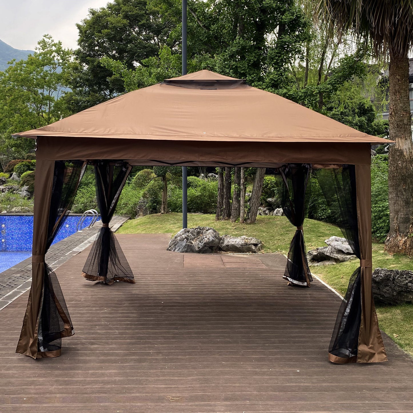 Outdoor 11x 11Ft Pop Up Gazebo Canopy With Removable Zipper Netting,2-Tier Soft Top Event Tent,Suitable For Patio Backyard Garden Camping Area with 4 Sandbags,Brown