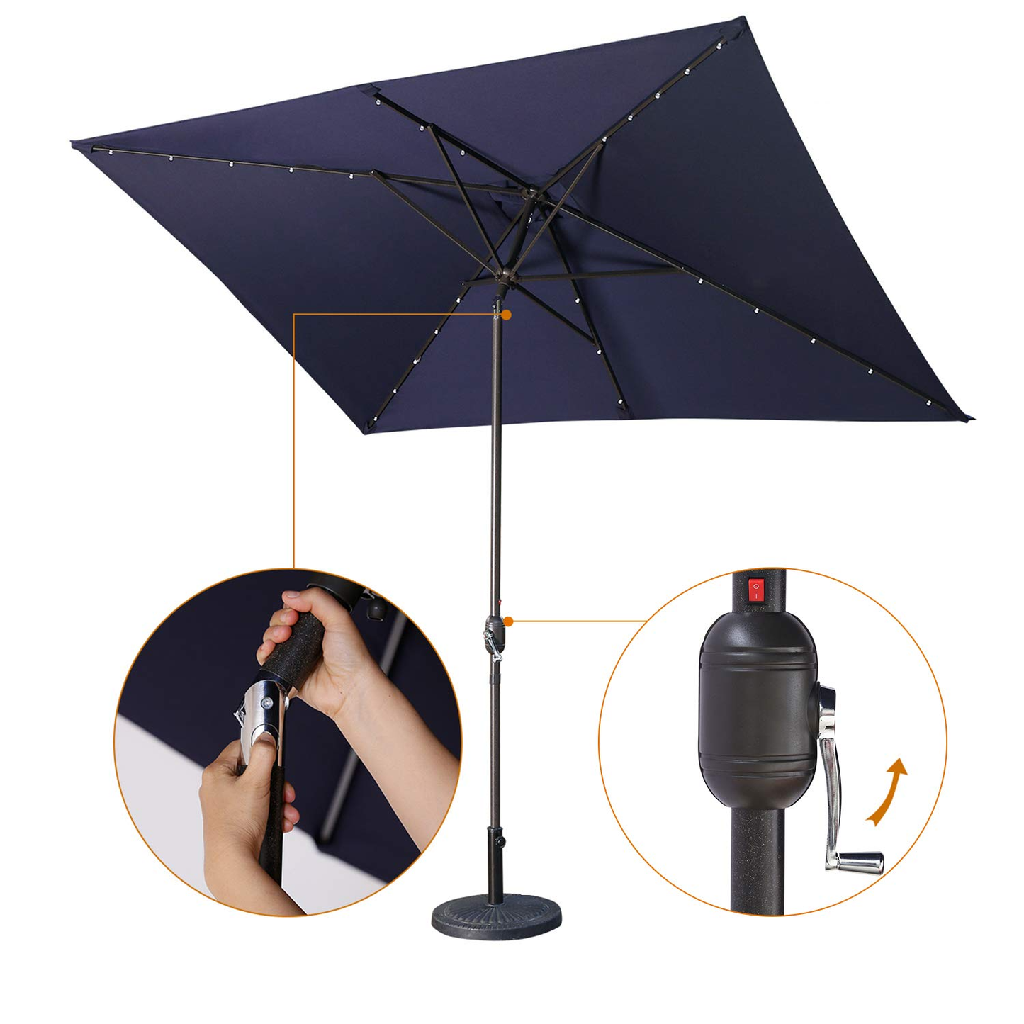 Waterproof Rectangular Patio Umbrella and Solar Lights 6.5 ft. x 10 ft. , 26 LED lights, Push Button Tilt, Crank in NAVY BLUE