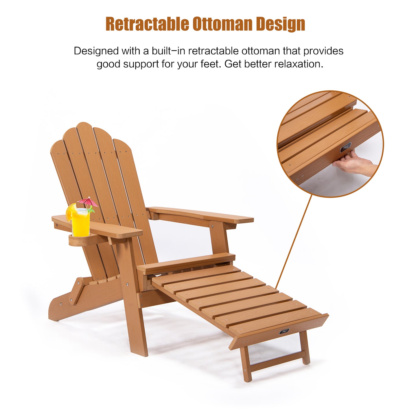 TALE Folding Adirondack Chair with Pullout Ottoman with Cup Holder, Oversized, Poly Lumber,  for Patio Deck Garden, Backyard Furniture, Easy to Install,BROWN. Ban on Amazon