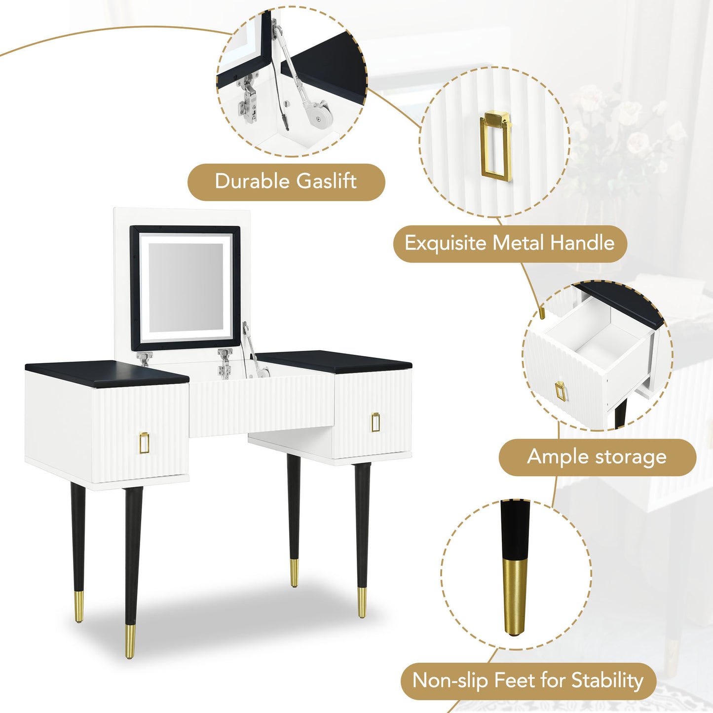 43.3" Modern Vanity Table Set with Flip-top Mirror and LED Light, Dressing Table with Customizable Storage, White and Black