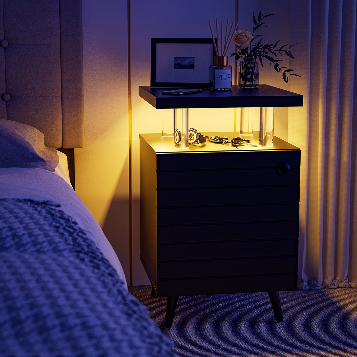 LED Nightstand LED Bedside Table End Tables Living Room with 4 Acrylic Columns, Bedside Table with Drawers for Bedroom Black