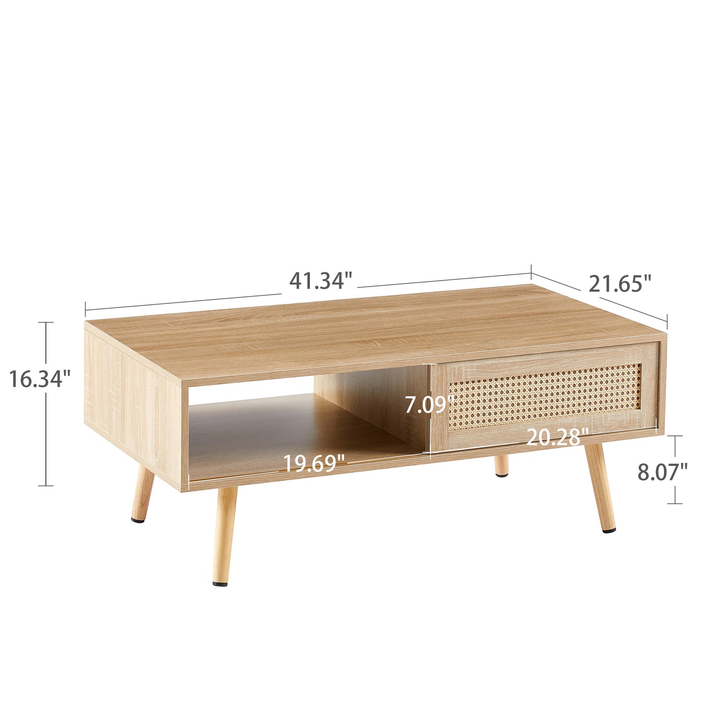 41.34" Rattan Coffee table, sliding door for storage, solid wood legs, Modern table  for living room , natural