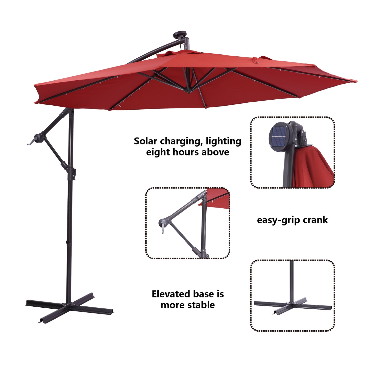 10 FT Solar LED Patio Outdoor Umbrella Hanging Cantilever Umbrella Offset Umbrella Easy Open Adustment with 32 LED Lights