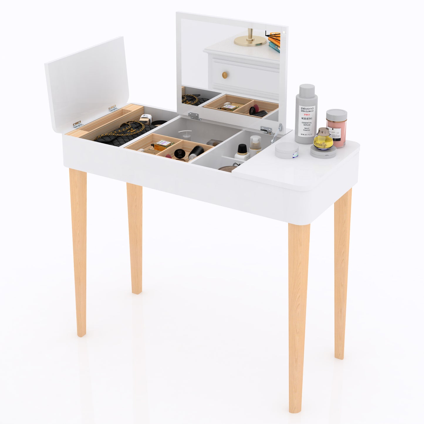 Vanity Table with Solid Wood Legs and Flip-Up High Definition Mirror