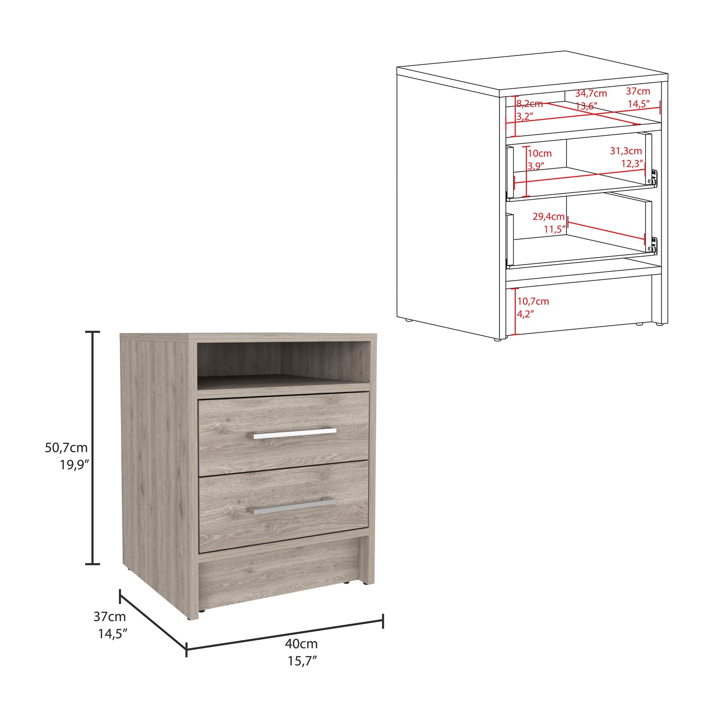 Eter Nightstand, Superior Top, Two Drawers -Light Gray