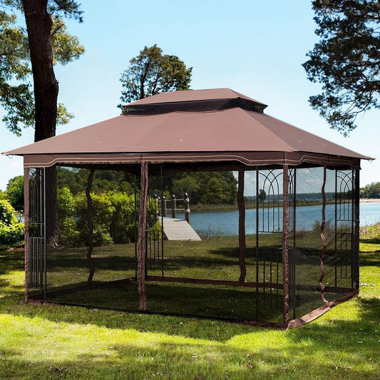 13x10 Outdoor Patio Gazebo Canopy Tent With Ventilated Double Roof And Mosquito net(Detachable Mesh Screen On All Sides),Suitable for Lawn, Garden, Backyard and Deck,Brown Top