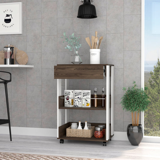 Kitchen Cart Coron with Drawer, Three-Tier Shelves and Casters, White / Dark Walnut Finish
