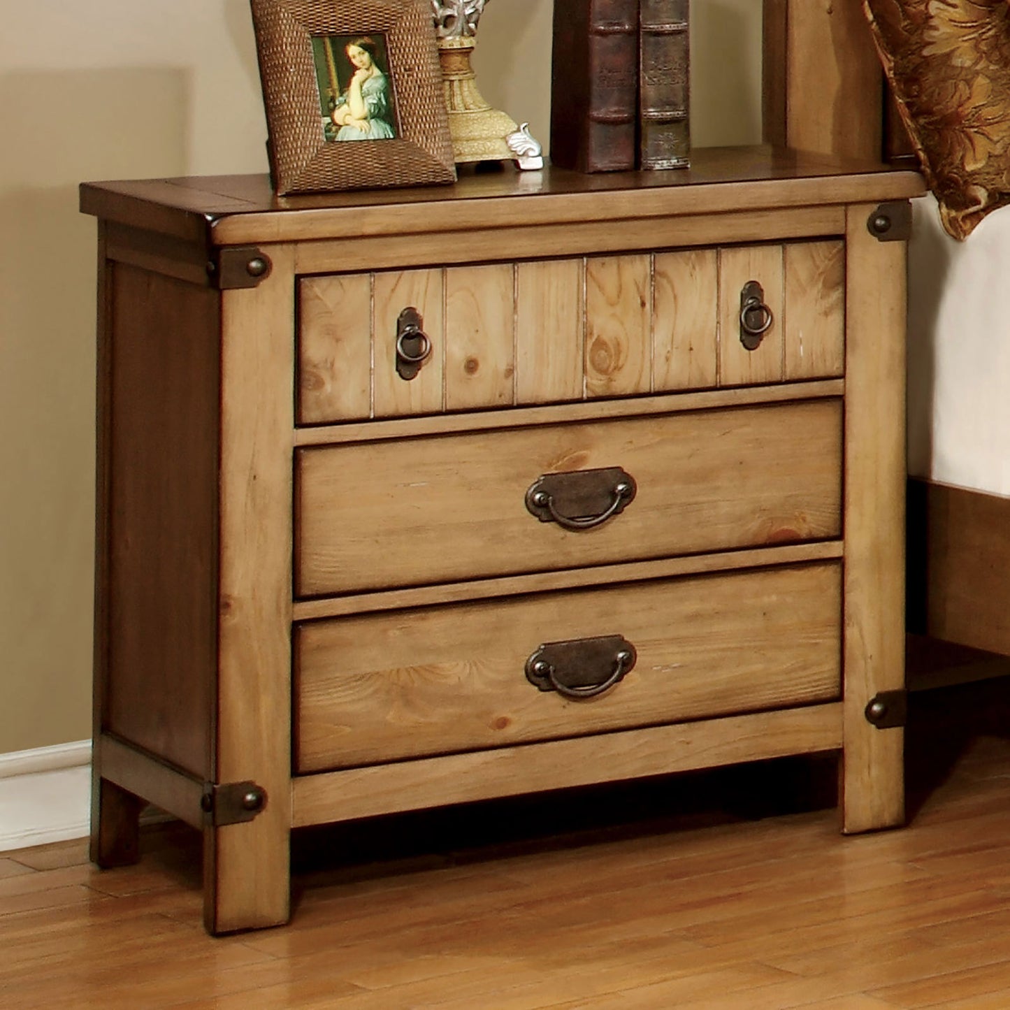 Cottage Style Weathered Elm 1pc Nightstand Ball Bearing Metal Glide USB Charger/Power Outlet In Night Stand Top Drawer Bedroom Bedside Table