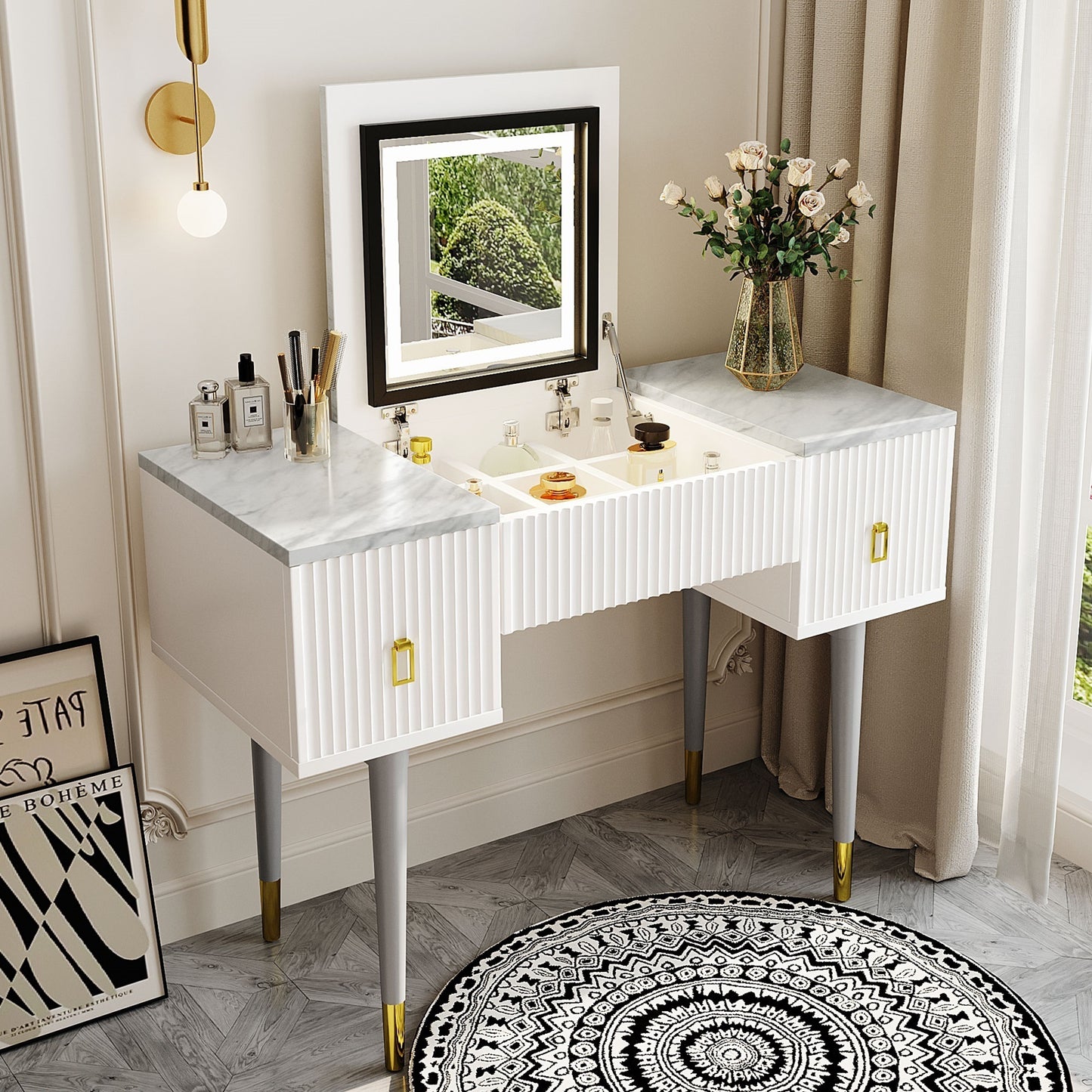 43.3" Modern Vanity Table Set with Flip-top Mirror and LED Light, Dressing Table with Customizable Storage, Marble-style Stickers Tabletop, White and Gray
