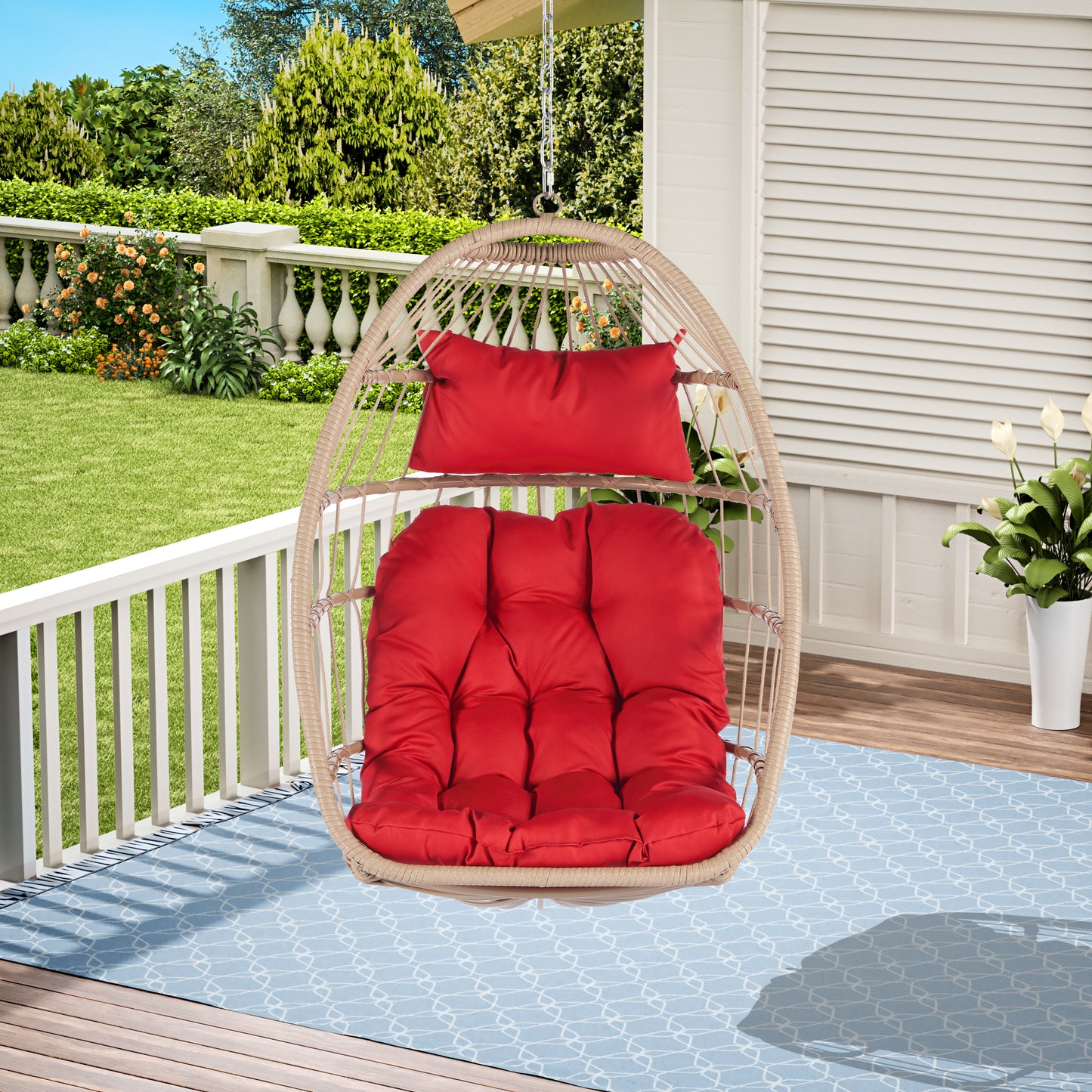 Outdoor Garden Rattan Egg Swing Chair Hanging Chair Wood+Red cushion