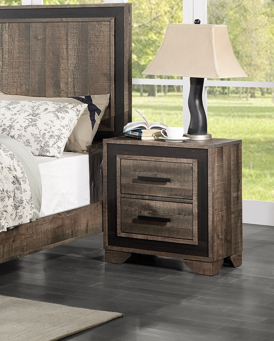 Oak Finish 1pc Nightstand Paper veneer Bedroom Furniture 2-Drawers Bedside Table