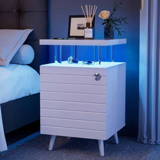 LED Nightstand LED Bedside Table End Tables Living Room with 4 Acrylic Columns, Bedside Table with Drawers for Bedroom White