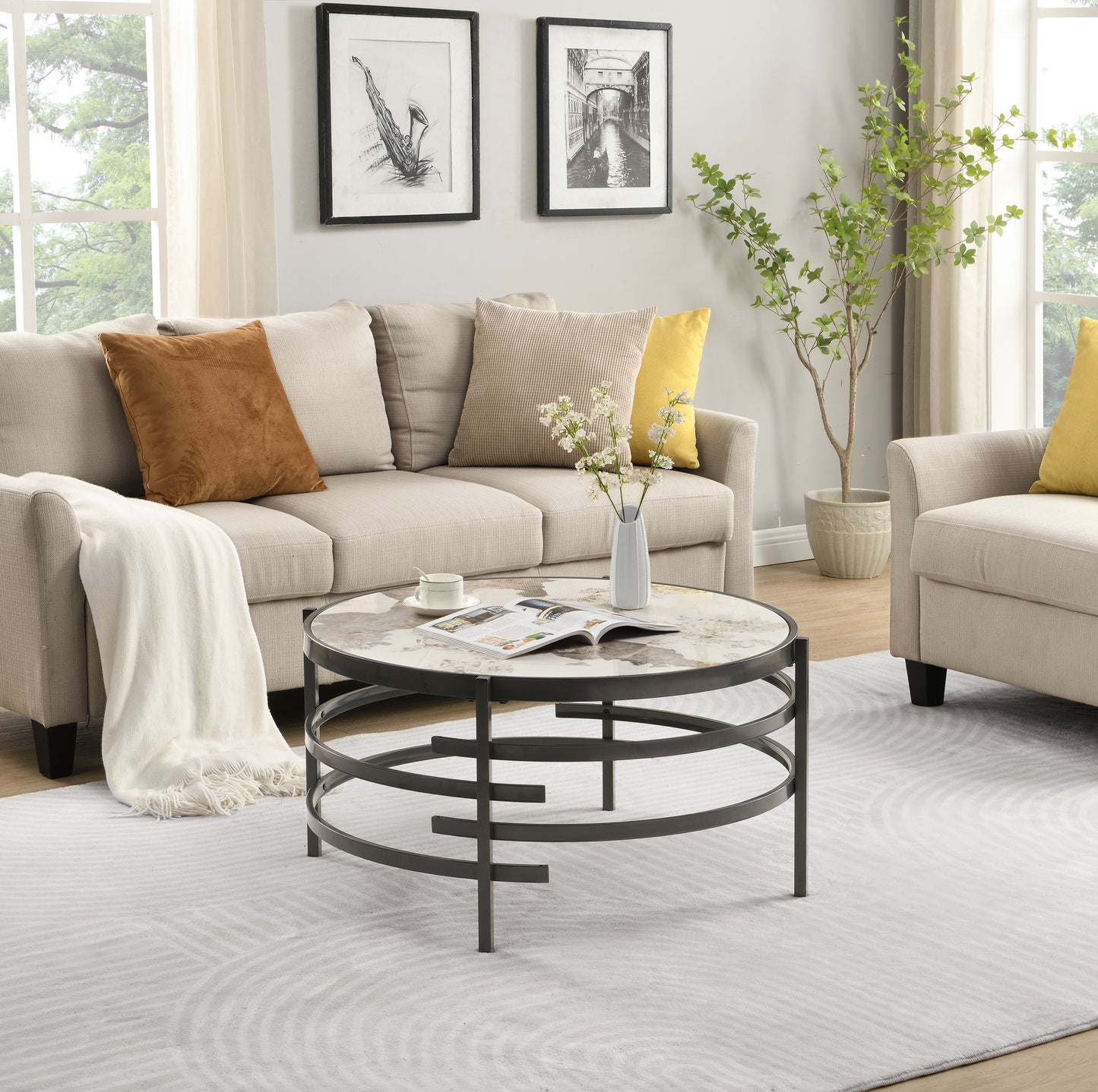 32.48'' Round  Coffee Table With Sintered Stone Top&Sturdy Metal Frame, Modern Coffee Table for Living Room, Darker Gray