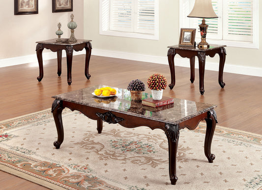 Formal Traditional 3pc Table set Occasional Tables Living Room Furniture 1x Coffee Table And 2x End Tables Faux Marble Top Intricate Design