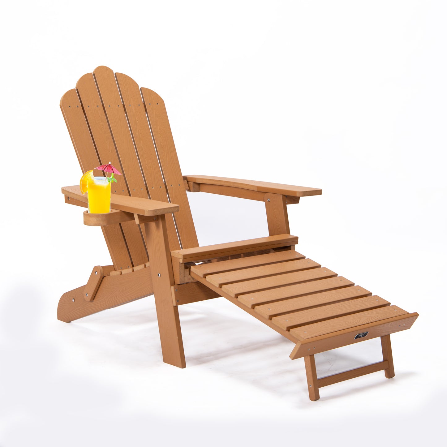 TALE Folding Adirondack Chair with Pullout Ottoman with Cup Holder, Oversized, Poly Lumber,  for Patio Deck Garden, Backyard Furniture, Easy to Install,BROWN. Ban on Amazon