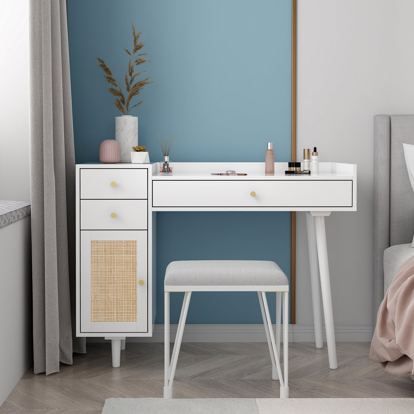 Makeup Vanity with Drawers, Mid-Century Dressing Table White Wood Desk with Rattan Door