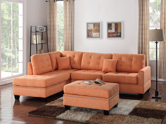 Modern Citrus Color 3pcs Sectional Living Room Furniture Reversible Chaise Sofa And Ottoman Tufted Polyfiber Linen Like Fabric Cushion Couch Pillows