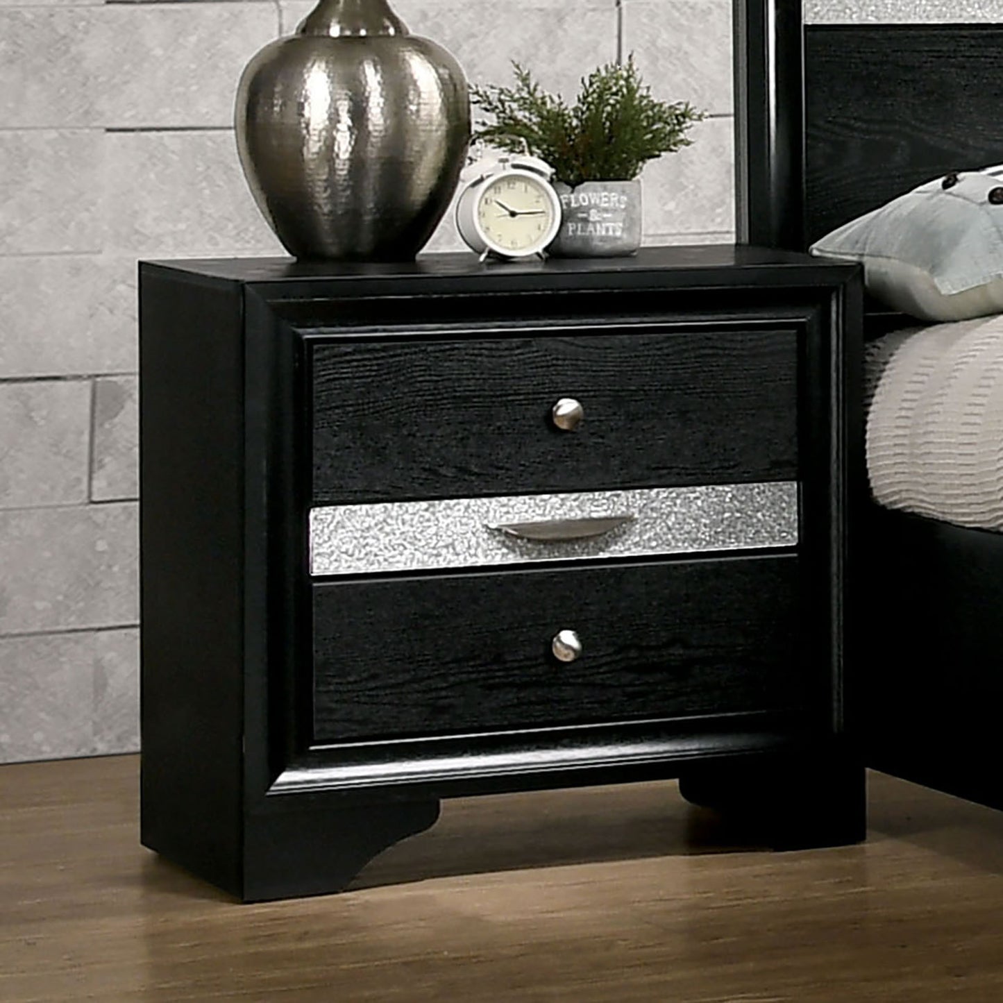 Contemporary 1pc Nightstand Black Finish Silver Accents Hidden Jewelry Drawer Nickel Round Knob Bedside Table Bedroom Furniture